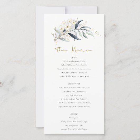 Carte de menu Mariage Floral Bleu Gold (Devant)
