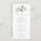 Carte de menu Mariage Floral Bleu Gold (Devant / Derrière)
