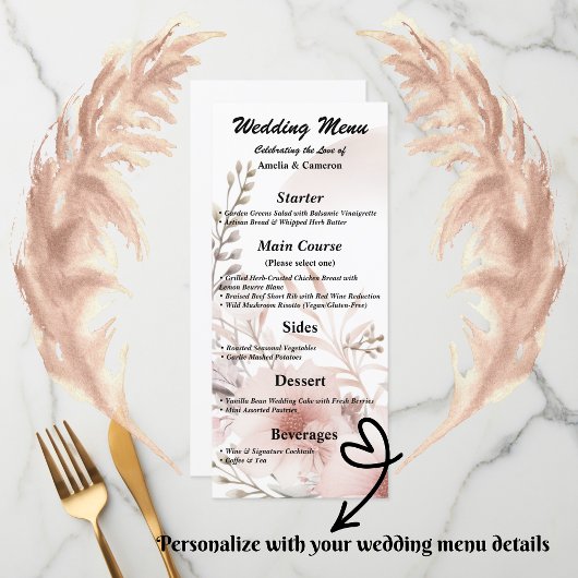 Carte de menu Mariage Floral Boho Blush
