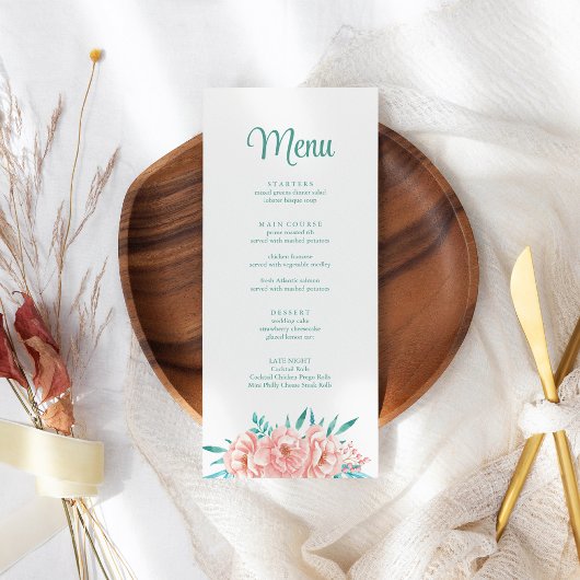 Carte de menu Mariage floral bracelet et turquoise