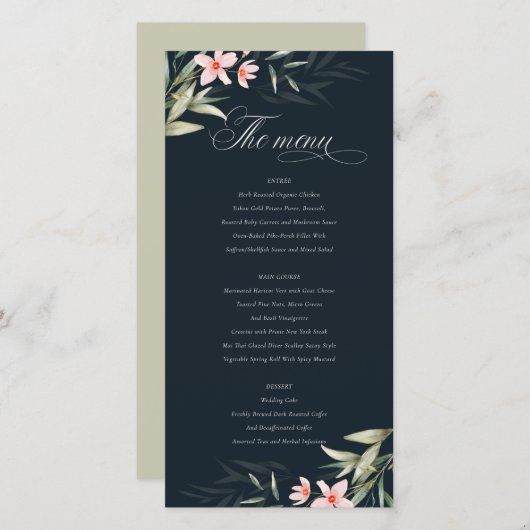 Carte de menu Mariage floral Dark Navy Blush Green (Devant / Derrière)