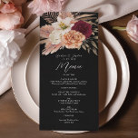 Carte de menu Mariage Floral Noir Bourgogne<br><div class="desc">Ajoutez une touche de romantisme à votre réception avec cette carte de menu mariage élégante. Doté de fleurs d'aquarelle bordeaux, d'ivoire et de pêche sur un arrière - plan noir spectaculaire, ce menu met en valeur votre repas à plusieurs plats dans une typographie stylisée. Parfait pour les mariages d'automne ou...</div>