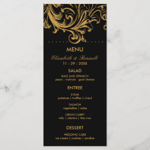 Carte de menu Mariage Floral Noir et Or Antique