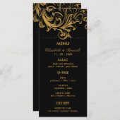 Carte de menu Mariage Floral Noir et Or Antique (Devant / Derrière)