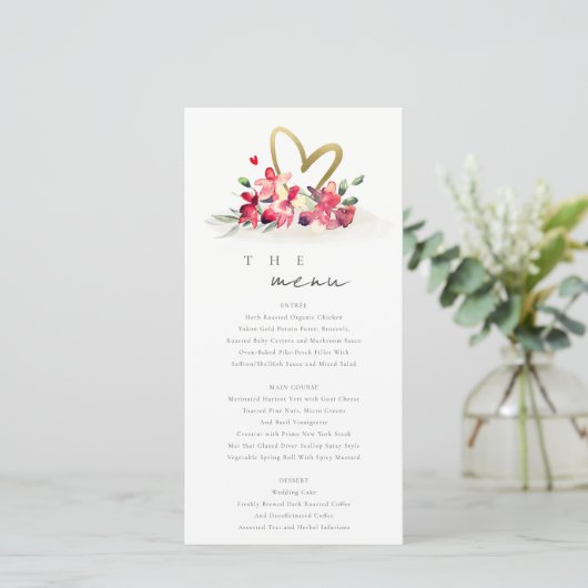 Carte de menu Mariage Floral Red Gold Orchid Heart (Debout devant)