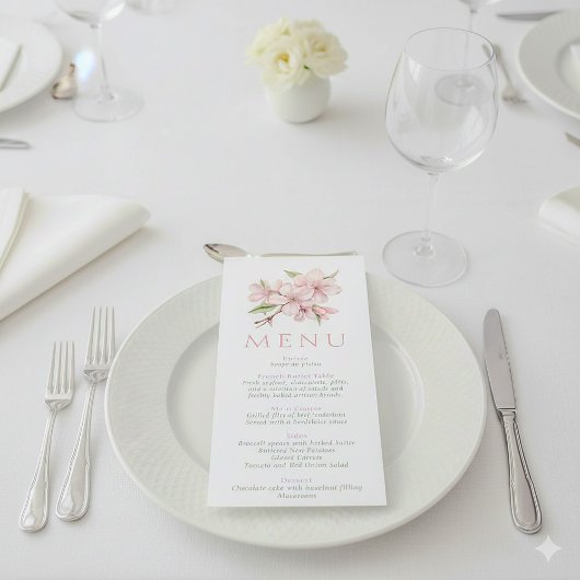 Carte de menu Mariage floral rose pâle