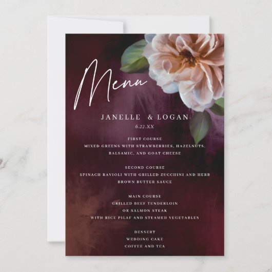 Carte de menu Mariage floral rustique foncé + Mood (Devant)