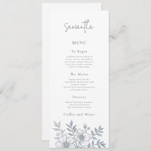 Carte de menu Mariage Florals gris avec nom d'hôte (Devant / Derrière)