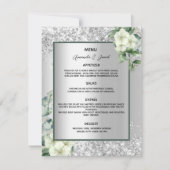 Carte de menu mariage floraux blancs en argent (Devant)