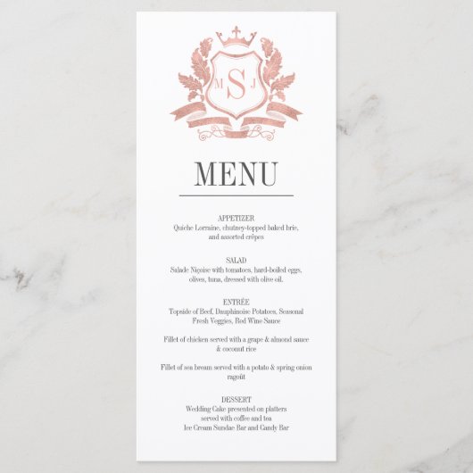 Carte de menu Mariage Gold Crest Rose classique (Devant)