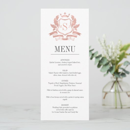 Carte de menu Mariage Gold Crest Rose classique (Debout devant)