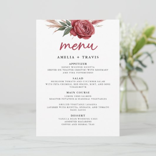 Carte de menu Mariage Grass Boho Pampas Blush (Debout devant)