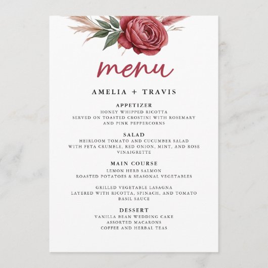 Carte de menu Mariage Grass Boho Pampas Blush (Devant)