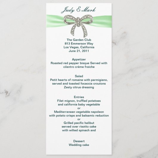 Carte de menu Mariage Green Diamond Bow (Devant)