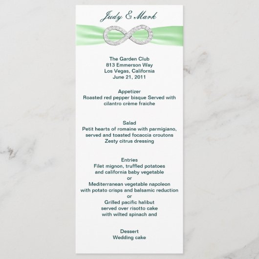 Carte de menu Mariage Green Diamond Infinity (Devant)