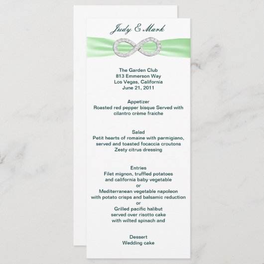 Carte de menu Mariage Green Diamond Infinity (Devant / Derrière)