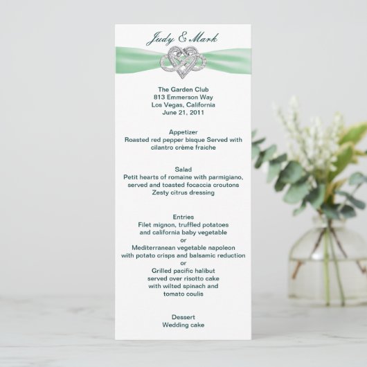 Carte de menu Mariage Green Infinity Heart (Debout devant)