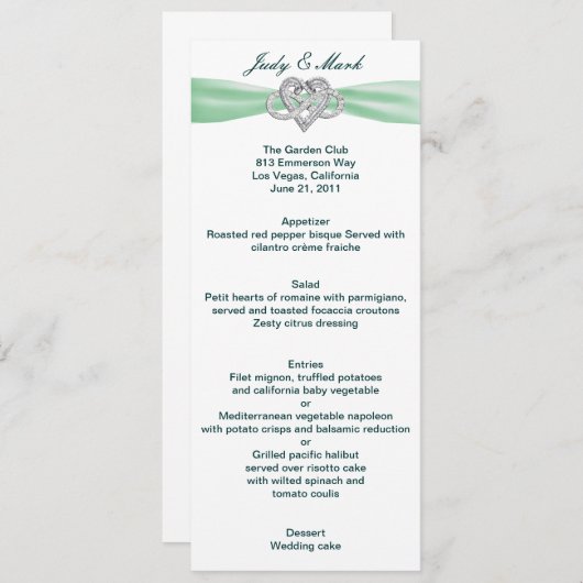 Carte de menu Mariage Green Infinity Heart (Devant / Derrière)
