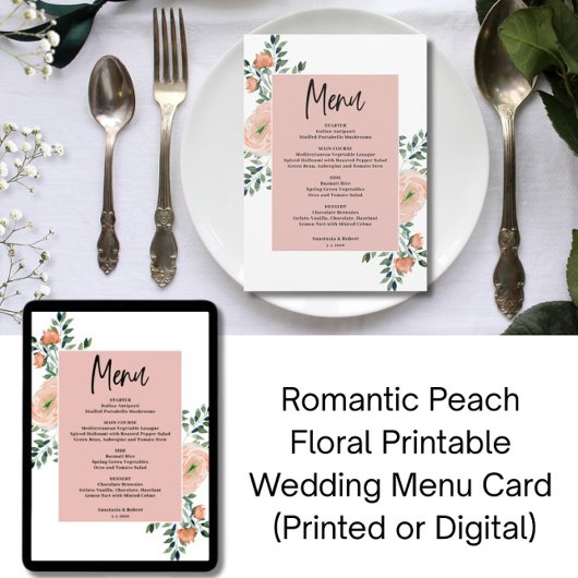Carte de menu Mariage imprimable Pêche romantique