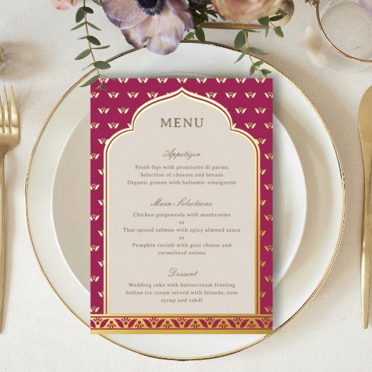Carte de menu Mariage indienne de Lotus Flower Gol
