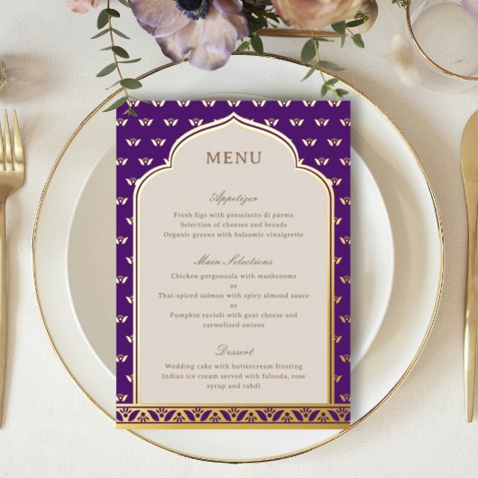 Carte de menu Mariage indienne de Lotus Flower Gol