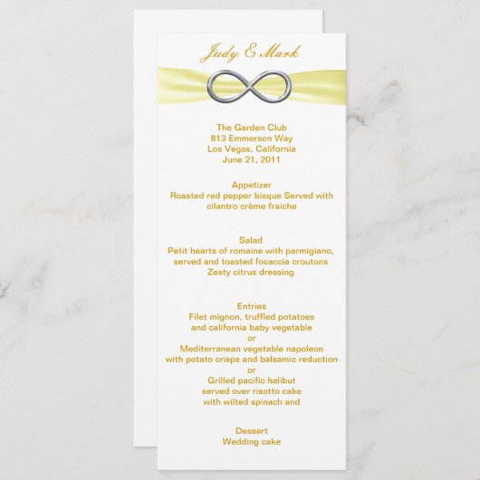 Carte de menu Mariage Infinity Jaune (Devant / Derrière)