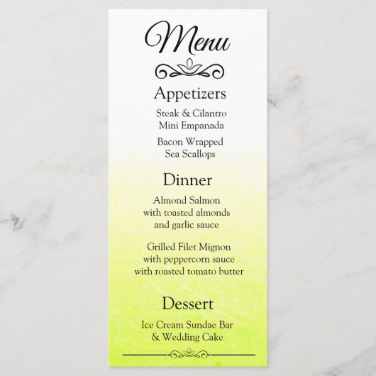 Carte de menu Mariage Jaune élégant (Devant)