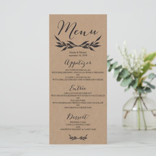 Carte de menu Mariage Kraft Greenery (Debout devant)