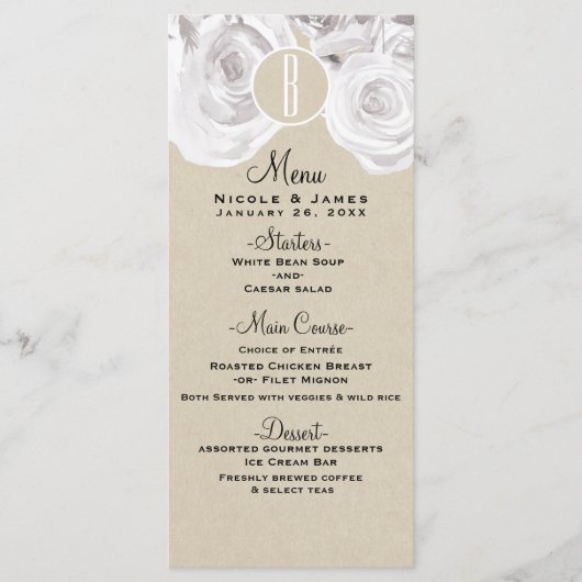 Carte de menu Mariage Kraft Rustic Winter Rose bla (Devant)