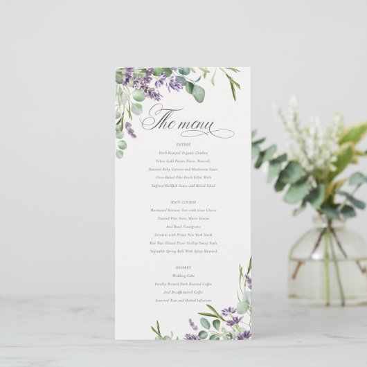 Carte de menu Mariage Lavender Eucalyptus Leafy Bu (Debout devant)