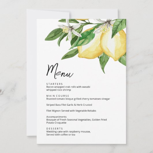 Carte de menu Mariage Lemon Greenery (Devant)