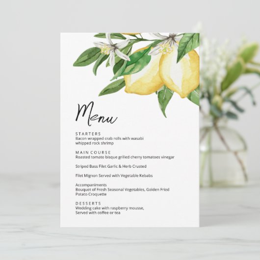 Carte de menu Mariage Lemon Greenery (Debout devant)