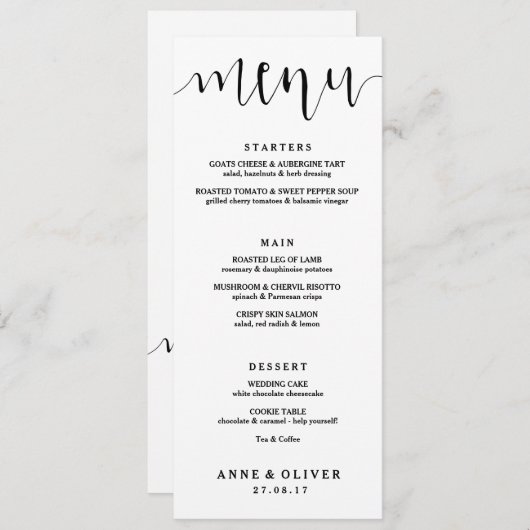 Carte de menu Mariage Lettré à la main rustique (Devant / Derrière)