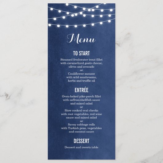Carte de menu Mariage Marine Blue String Lights (Devant)