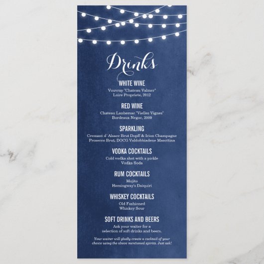 Carte de menu Mariage Marine Blue String Lights (Dos)