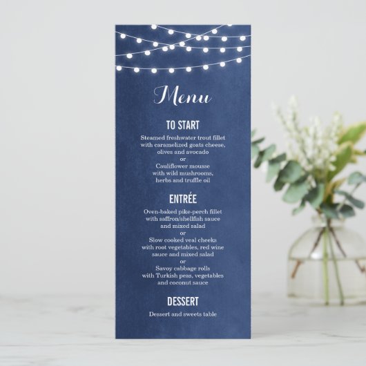 Carte de menu Mariage Marine Blue String Lights (Debout devant)