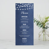 Carte de menu Mariage Marine Blue String Lights (Debout devant)