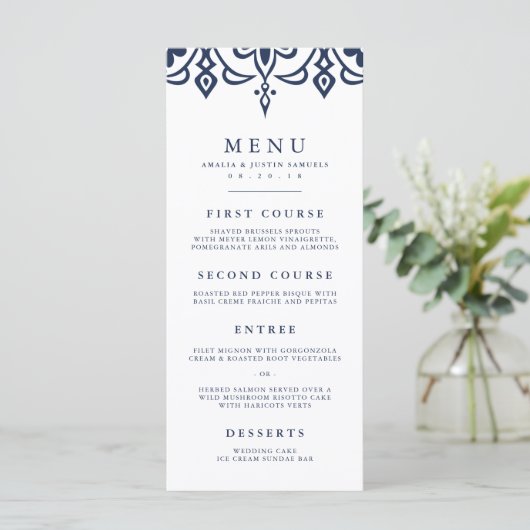 Carte de menu Mariage Marrakech | Marine (Debout devant)