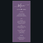 Carte de menu Mariage mauve mauve moderne Script H<br><div class="desc">Minimaliste Elégant Simple Typographie Heart Mauve Purple Mariage Menu Card est parfait pour un mariage minimal moderne. Design avec typographie/calligraphie en lettres noires, petit motif coeur d'amour entre le nom du couple en blanc sur mauve, violet poussiéreux ou lavande arrière - plan avec un look simple et propre. Ce menu...</div>