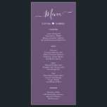 Carte de menu Mariage mauve mauve moderne Script H<br><div class="desc">Minimaliste Elégant Simple Typographie Heart Mauve Purple Mariage Menu Card est parfait pour un mariage minimal moderne. Design avec typographie/calligraphie en lettres noires, petit motif coeur d'amour entre le nom du couple en blanc sur mauve, violet poussiéreux ou lavande arrière - plan avec un look simple et propre. Ce menu...</div>