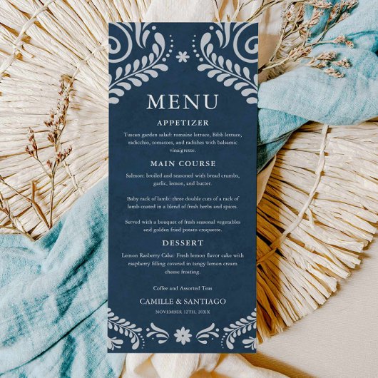 Carte de menu Mariage mexicain Blue Talavera