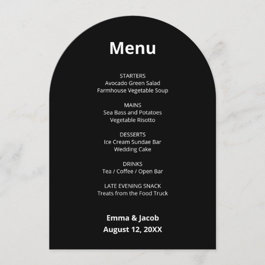 Carte de menu Mariage moderne noir (Devant)