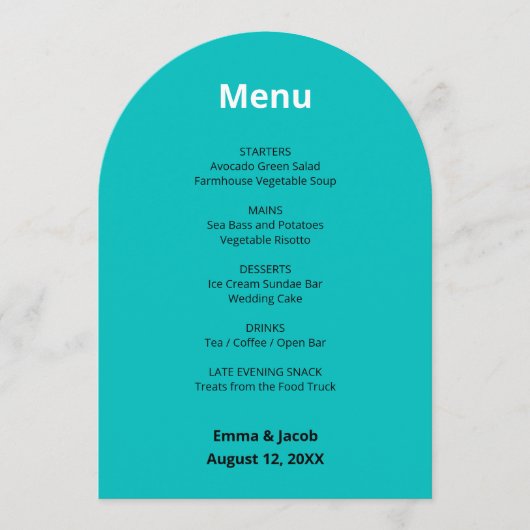 Carte de menu Mariage moderne Turquoise (Devant)