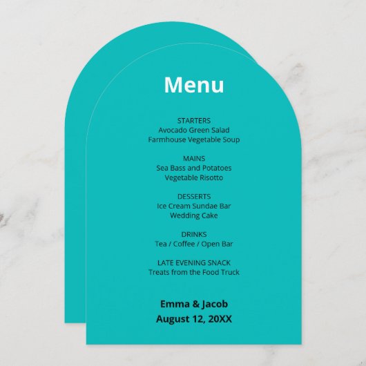 Carte de menu Mariage moderne Turquoise (Devant / Derrière)