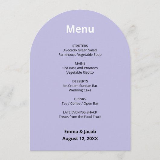 Carte de menu Mariage moderne violet clair (Devant)