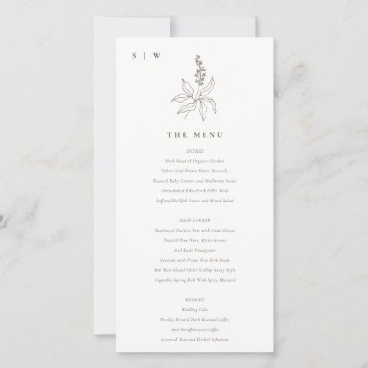 Carte de menu Mariage Monogramme de croquis florau (Devant)