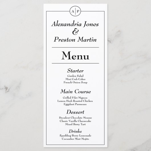 Carte de menu Mariage Monogramme noir et blanc min (Devant)