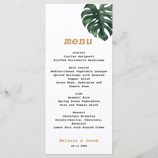 Carte de menu Mariage Monstera Tropical Palm Leaf (Devant)