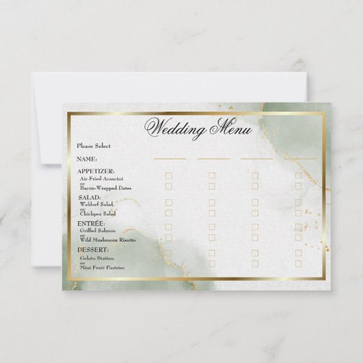 Carte de menu mariage Muted Sage Gold Marblé (Dos)