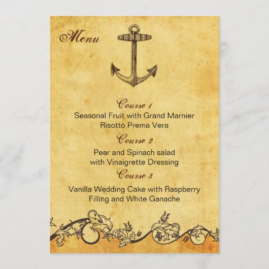 carte de menu mariage nautique ancre rustique (Devant)